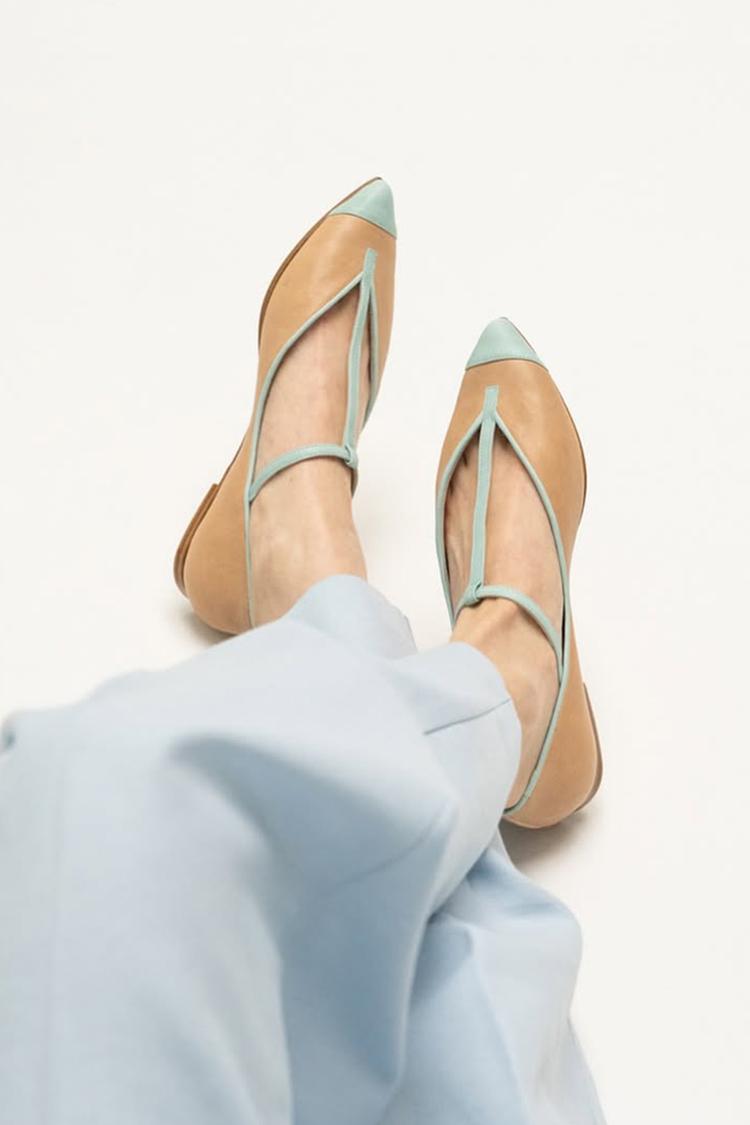 Colorblock T-Strap Buckle Pointed Toe Light Brown Flats [Pre Order]