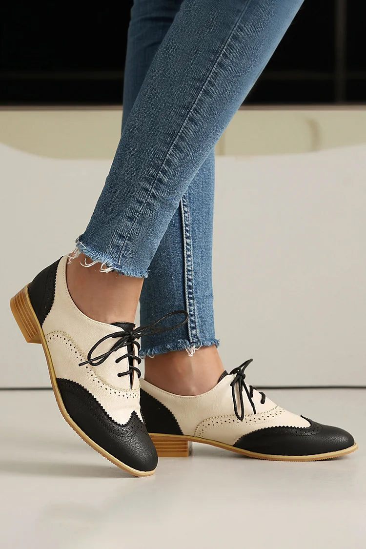 Round Toe Colorblock Patchwork Low Block Heel Lace Up Oxfords