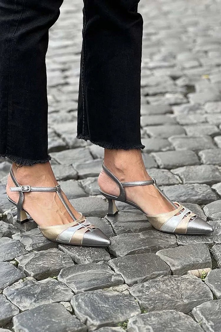 Scarpe con tacco basso color argento, con punta traforata e patchwork