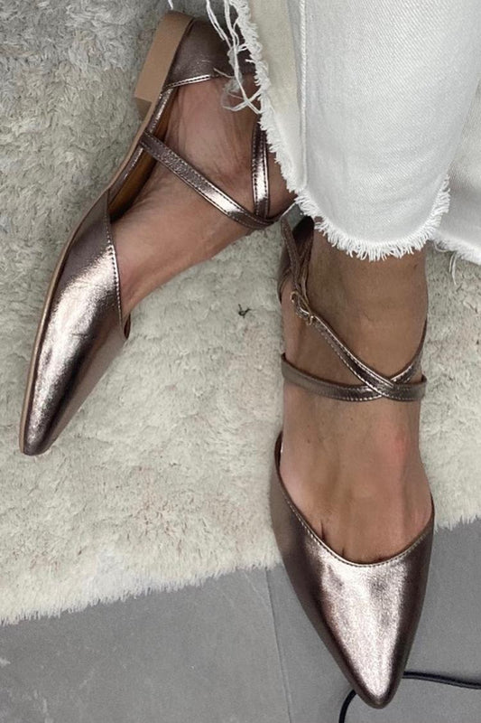 Metallic Sheen Cross Strap Buckle Pointed Toe Champagne Flats [Pre Order]