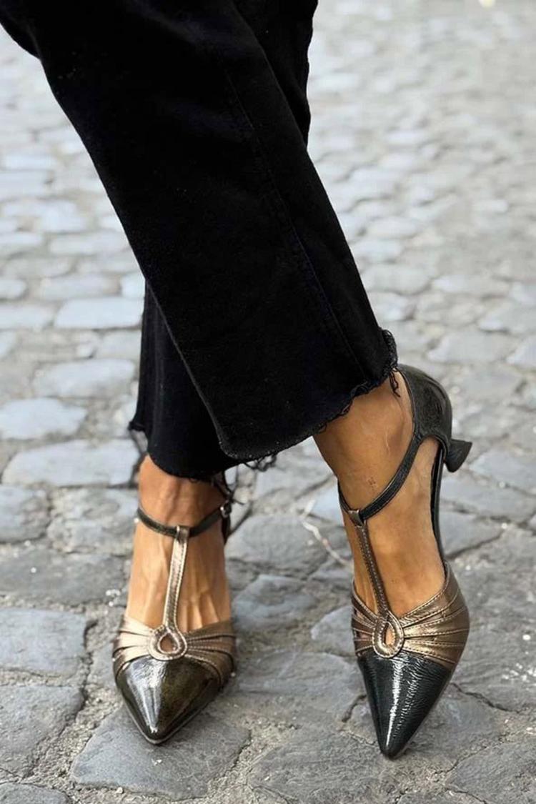Two-Tone Pointed Toe T-Strap Black Kitten Heels [Pre Order]