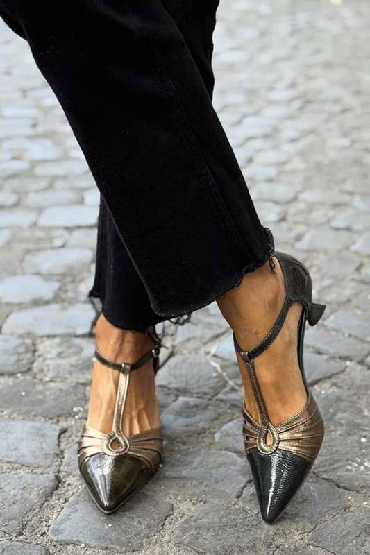 Two-Tone Pointed Toe T-Strap Black Kitten Heels [Pre Order]
