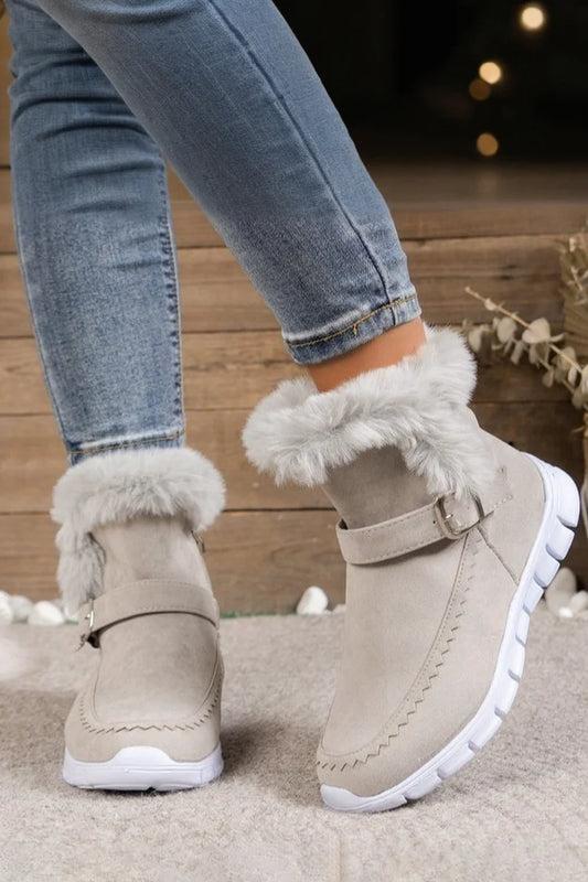 Fluffy Trim Strap Buckle Decor Patchwork Zipper Round Toe Snow Boots