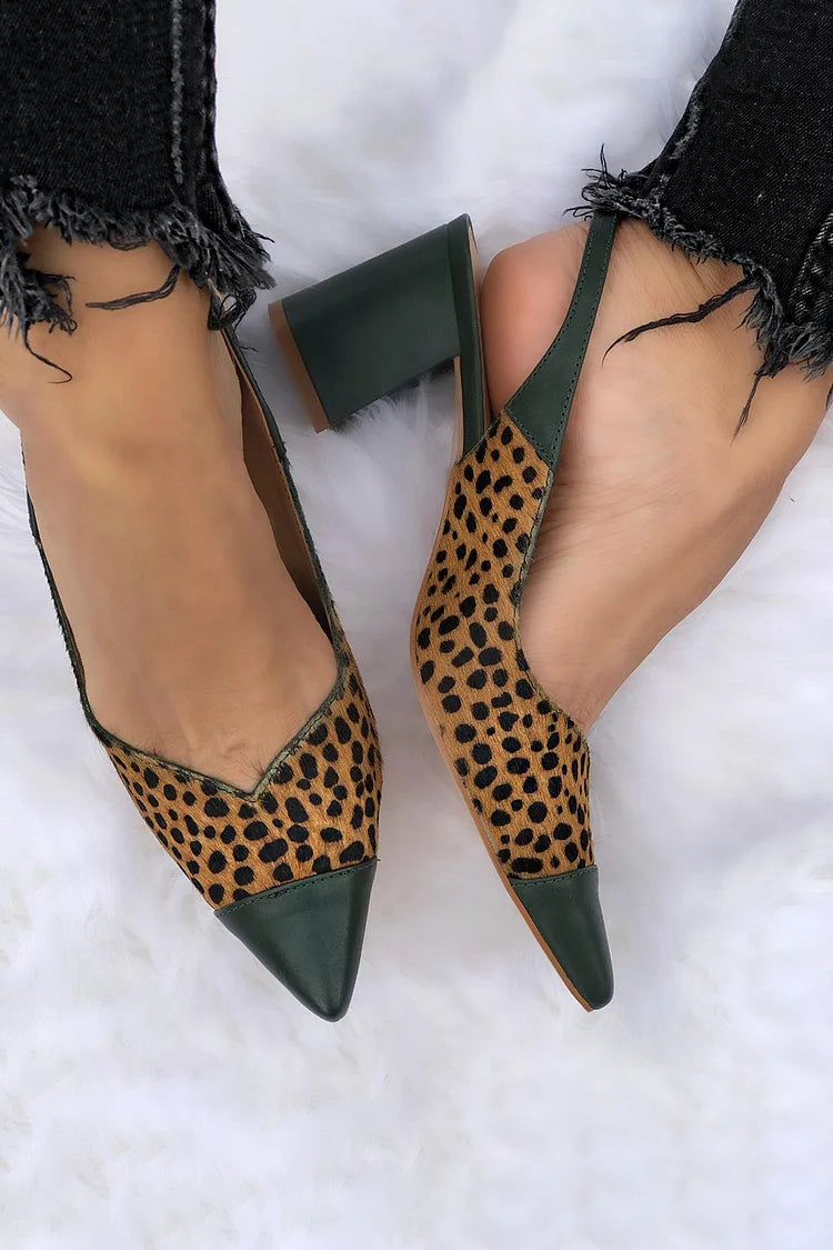 Scarpe con tacco grosso, punta affilata, stampa patchwork con ghepardo, verde scuro [Pre-ordine] 