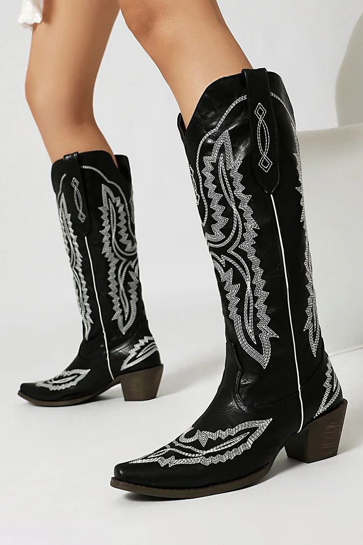 Pointed Toe Embroidery Patchwork Chunky Heel Pull On Western Boots