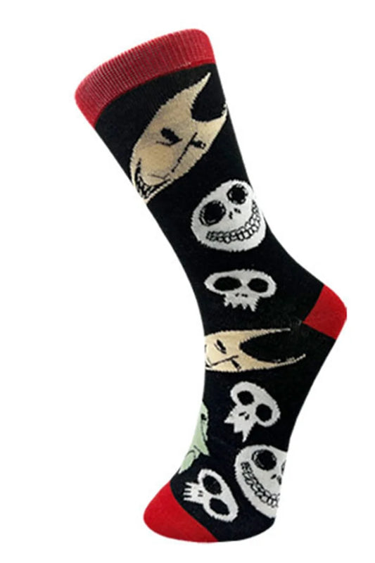 Calcetines de media pantorrilla con estampado de calavera, luna y esqueleto aterrador para Halloween 