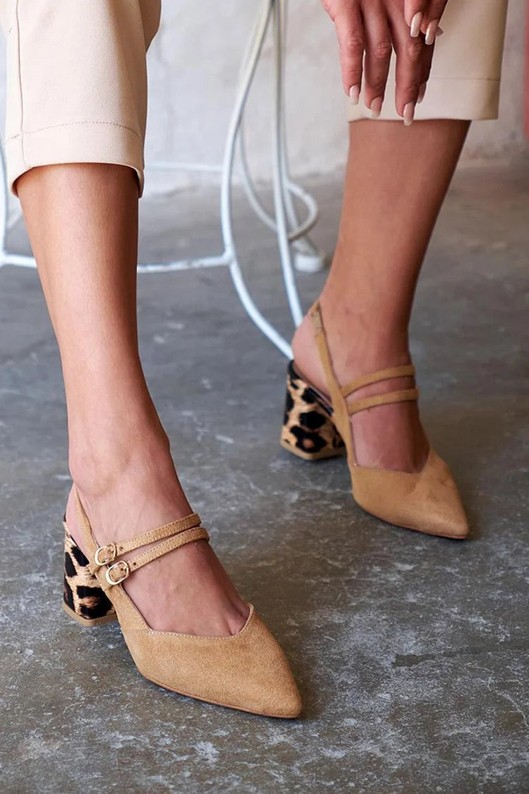 Two Chunky Buckles Pointy Toe Slingback Khaki Straps Heels [Pre Order]