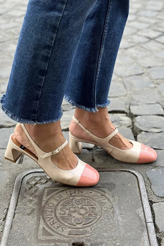 Colorblock-Slingback-Ristriemen mit Schnalle Beige klobige Absätze [Pre Order]