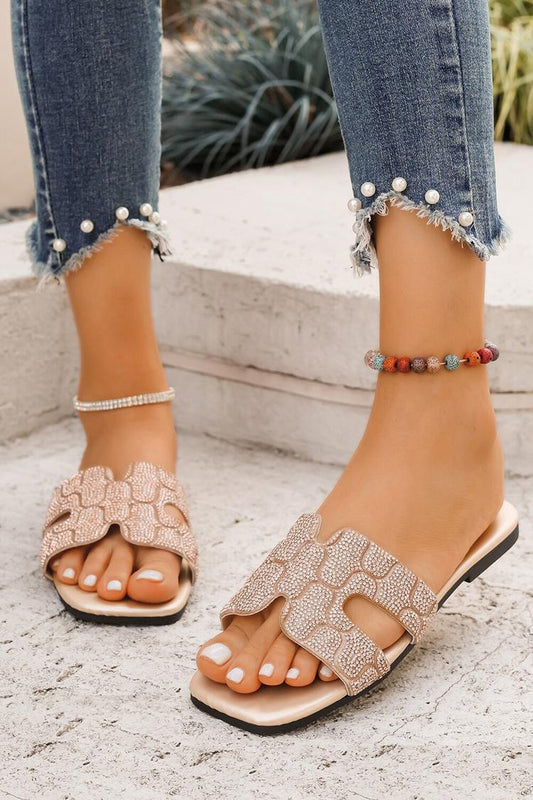 Ciabatte da spiaggia casual con punta quadrata e decorazioni in strass ritagliati 