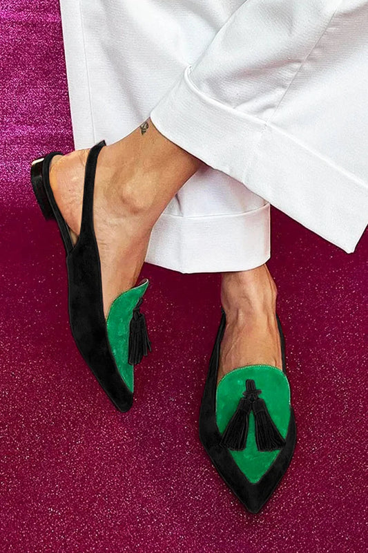 Colorblock Pointed Toe Tassels Slingback Black Flats