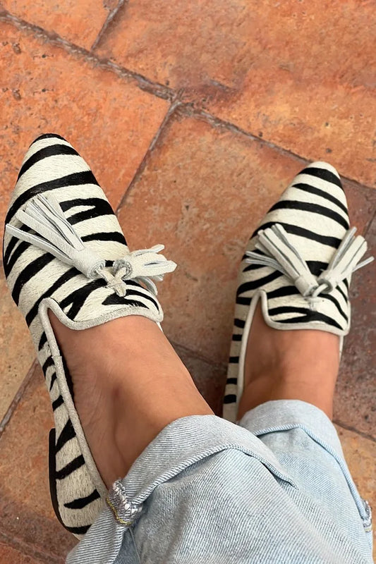 Tassels Decor Zebra Print Pointed Toe Beige Flats [Pre Order]