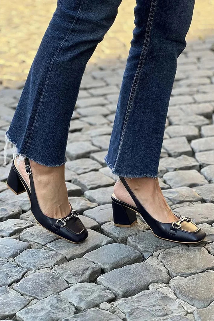 Metal Decor Square Toe Slingback Black Chunky Heels [Pre Order]