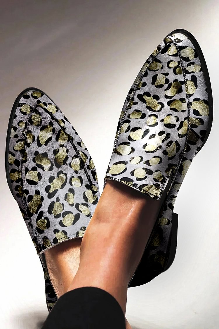 Pointy Toe Patchwork Leopard Print Gray Leather Loafers [Pre Order]