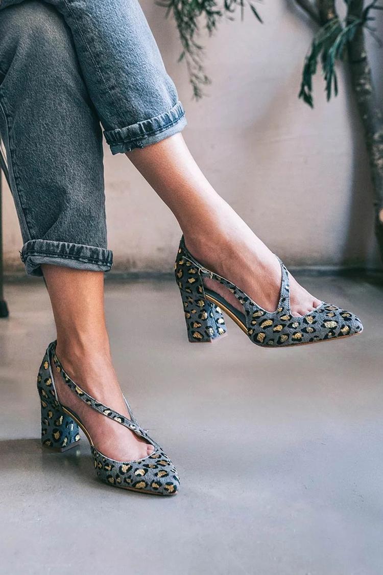 Leopard Print Irregular Strap Buckle Pointed Toe Chunky Heels [Pre Order]