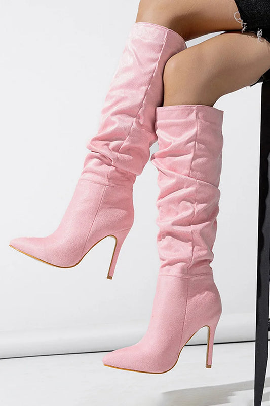 Solid Color Pointed Toe Stiletto Heel Pull On Slouch Knee High Boots