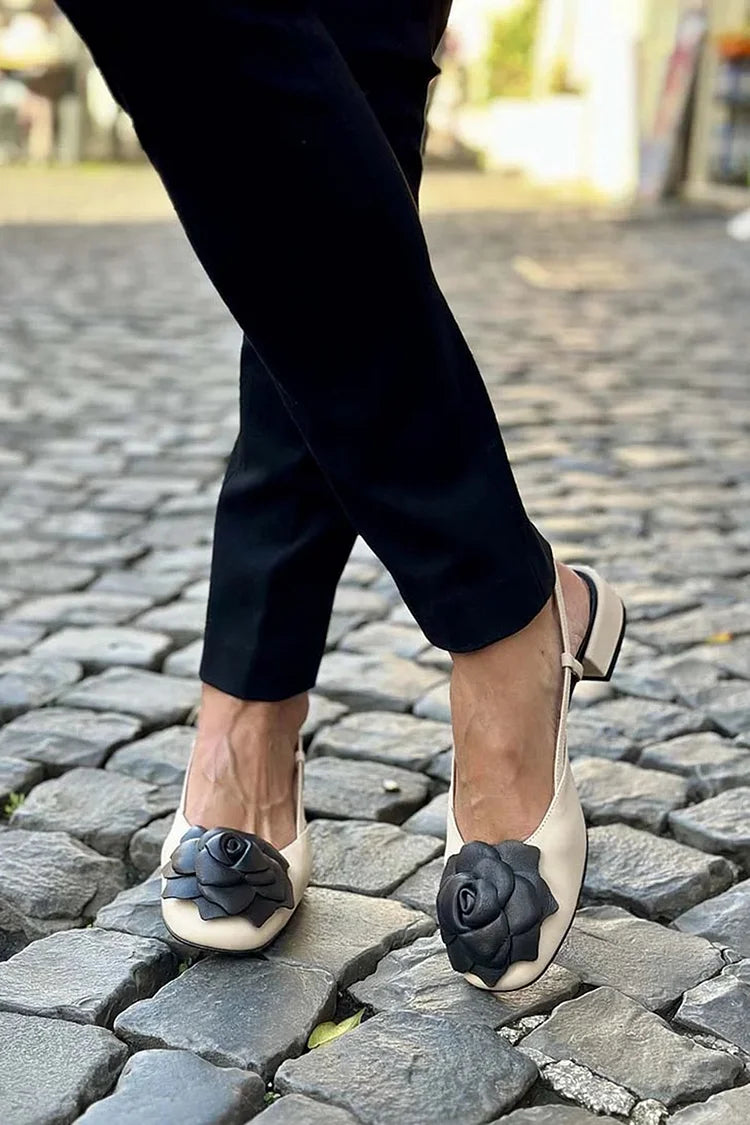 Farbblock Blumen Dekor Slingback Beige Chunky Absätze [Vorbestellung]