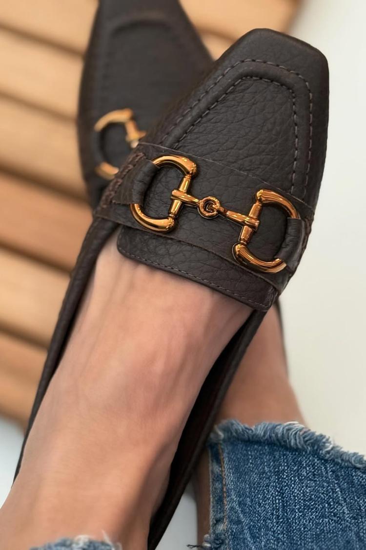 Metall-Schnalle Dekor Quadratische Spitze Dunkelbraune Loafers [Vorbestellung]