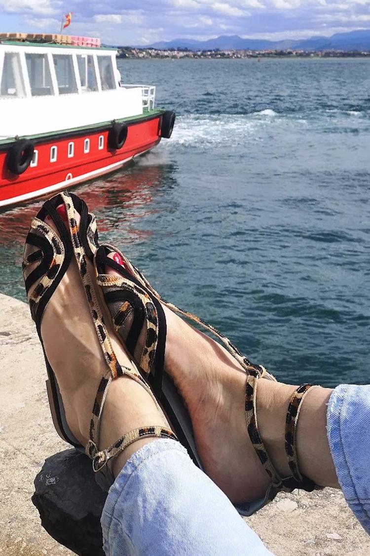 Leopard Pattern Hollow Out T-Strap Buckle Sandals [Pre Order]