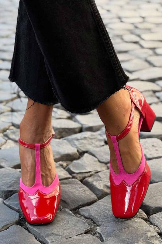 Kontrast Lackleder T-Riemen Quadratische Spitze Rote Klobige Absätze [Vorbestellung]