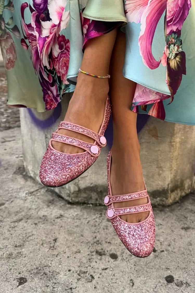 Zapatos planos rosas con punta redonda, hebillas y dos tiras brillantes [pedido por adelantado]