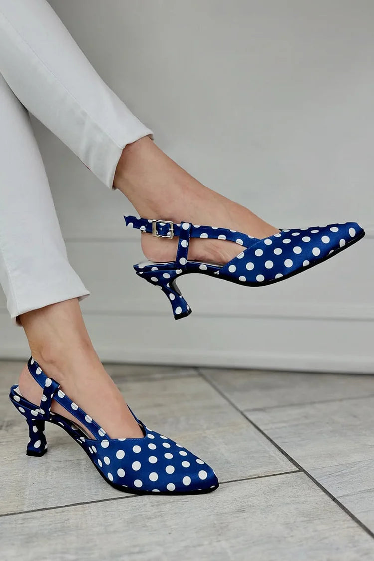 Polka Dot Pattern Pointed Toe Slingback Navy Kitten Heels [Pre Order]