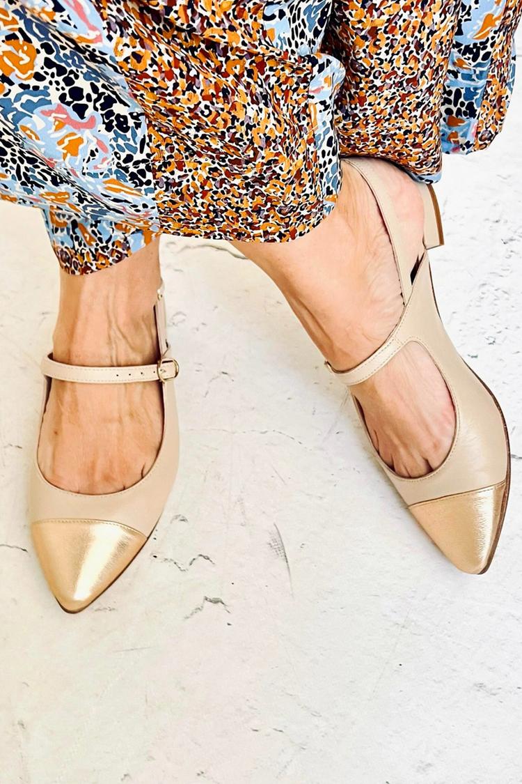 Scarpe basse color cachi con cinturino sul collo del piede, fibbia e punta tonda patchwork [Pre-ordine]