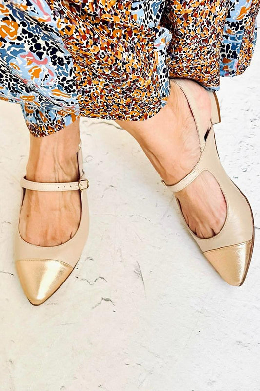 Scarpe basse color cachi con cinturino sul collo del piede, fibbia e punta tonda patchwork [Pre-ordine]