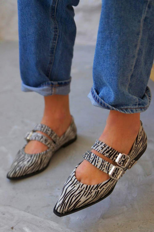 Zebra Print Metal Decor Two Strap Buckle Pointed Toe Flats [Pre Order]