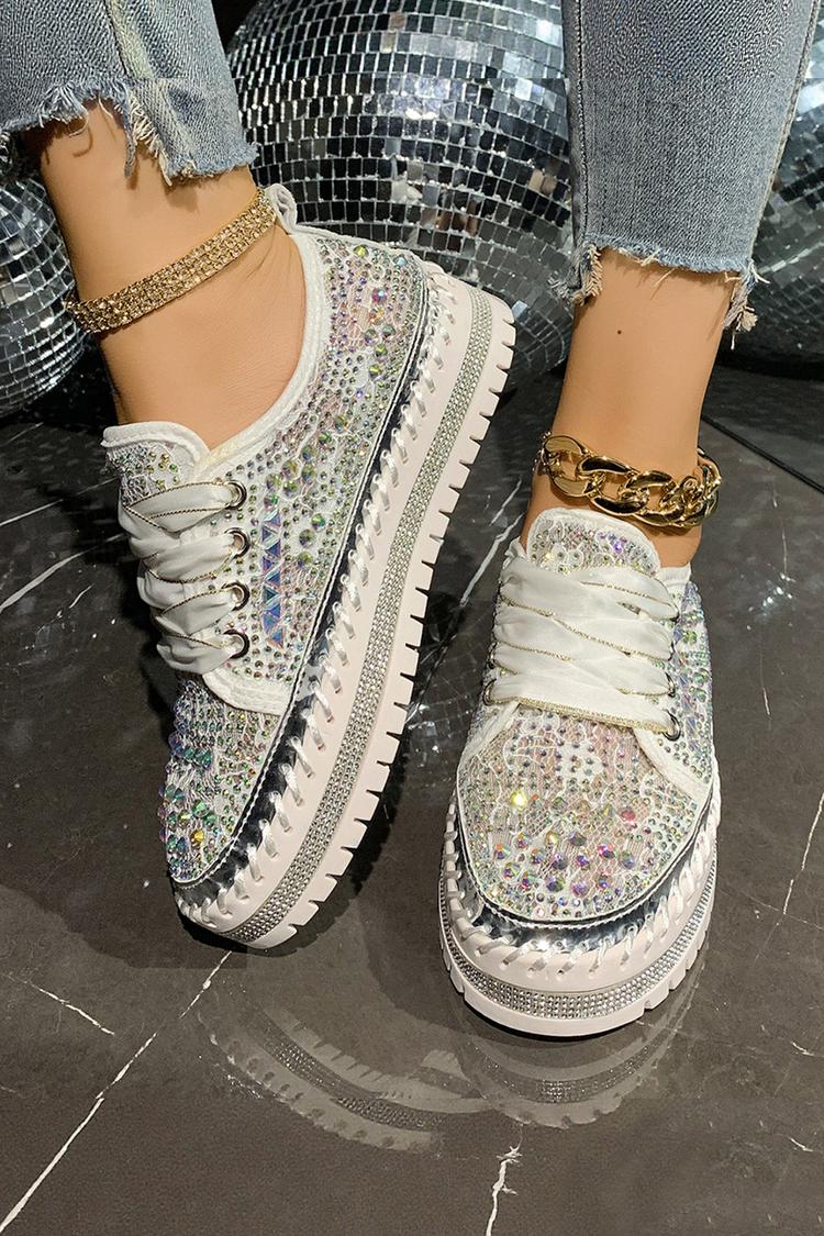 Sneakers casual con plateau e lacci, punta rotonda, decorazioni geometriche in strass 