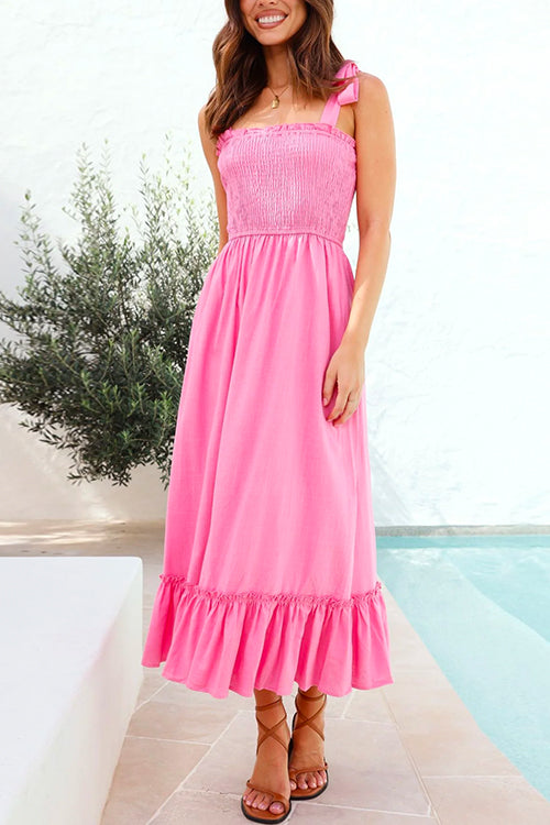 Wide Straps Bow Shoulder Smocked Ruffle Maxi Dress