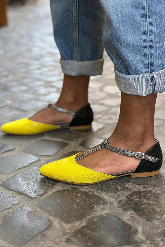 T-Strap Buckle Colorblock Pointed Toe Yellow Flats [Pre Order]
