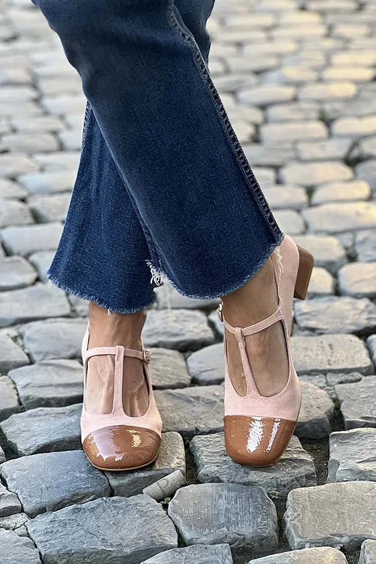 Scarpe con tacco spesso rosa chiaro con cinturino a T e fibbia color block [Pre-ordine]