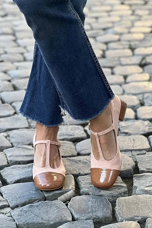 Scarpe con tacco spesso rosa chiaro con cinturino a T e fibbia color block [Pre-ordine]