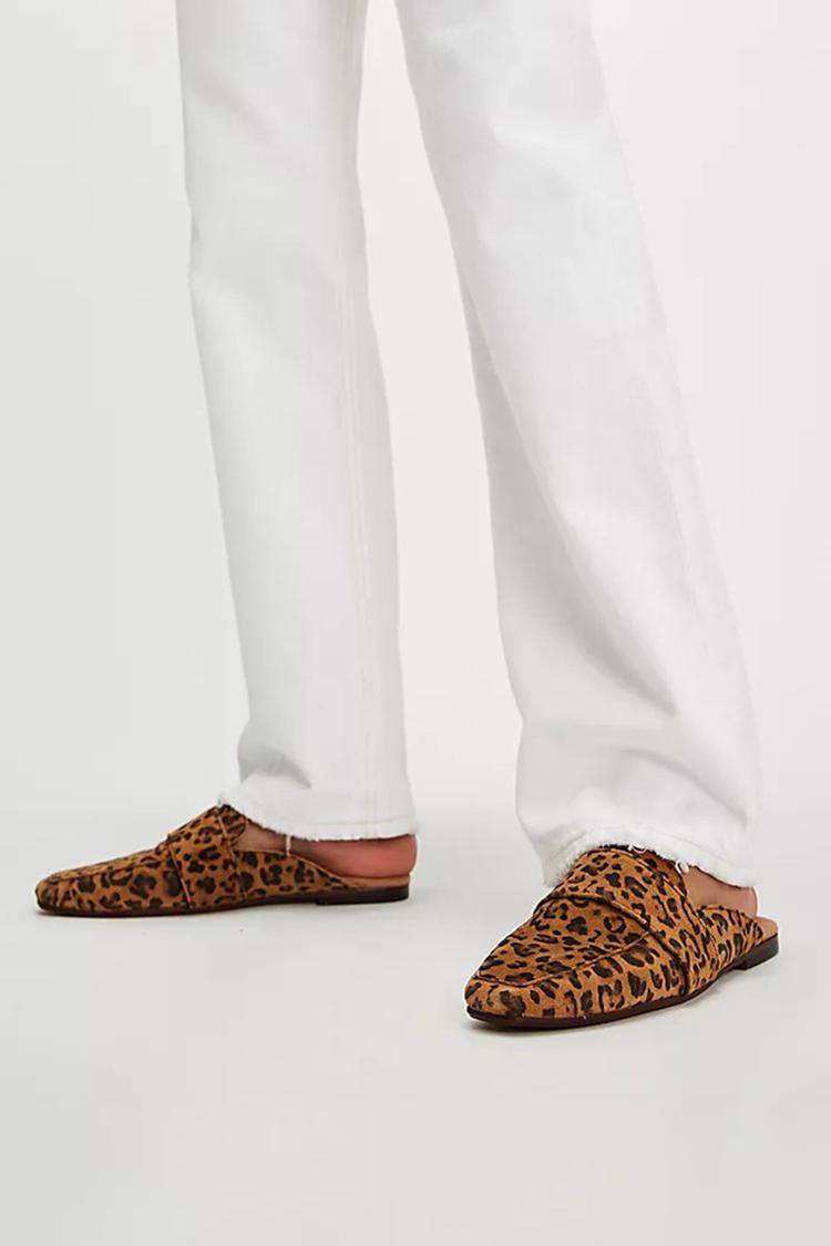 Mules marrone chiaro con punta quadrata e motivo patchwork leopardato [Pre-ordine] 