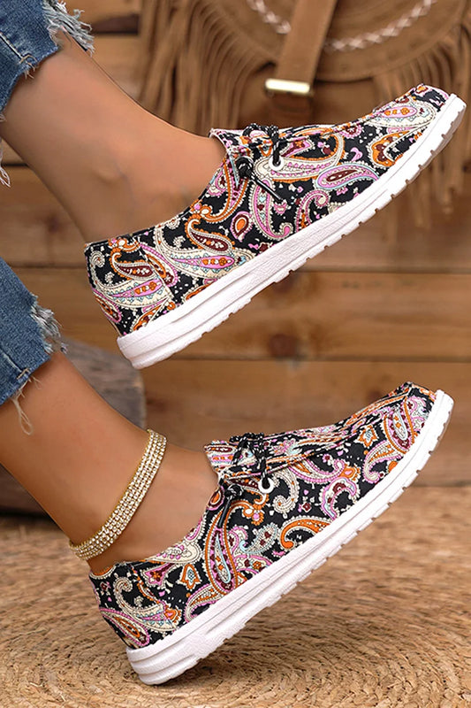 Canvas Paisley Print Round Toe Lace Up Flat Sneakers