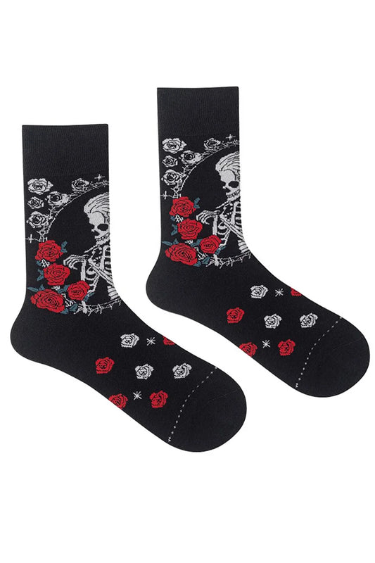 Calcetines de media pantorrilla con estampado floral de rosas y esqueleto de pelo largo para Halloween 