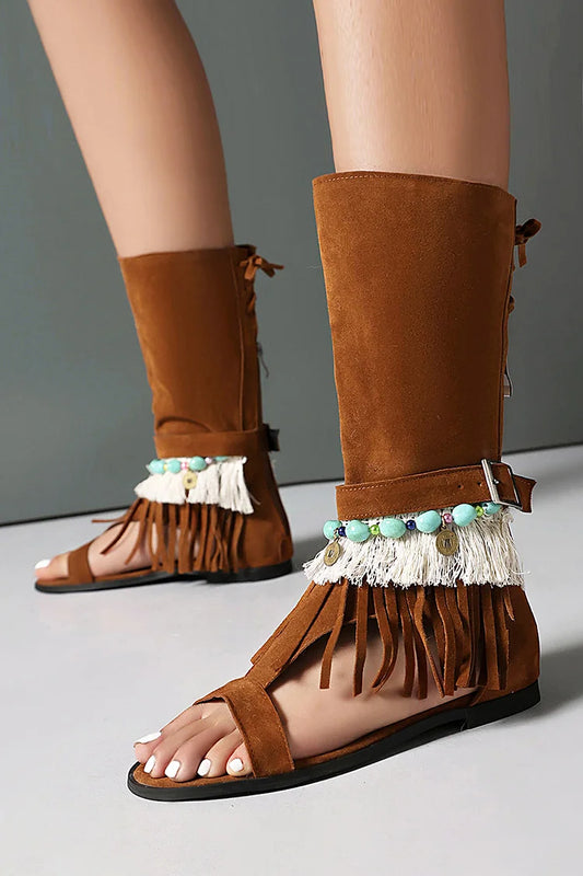 Sandali alti con lacci e perline, decori colorblock, frange, punta aperta, stivali 