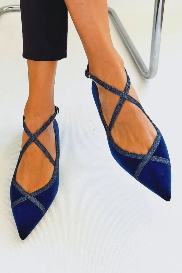 Patchwork Crossover Strap Buckle Pointed Toe Navy Loafers [Pre Order]