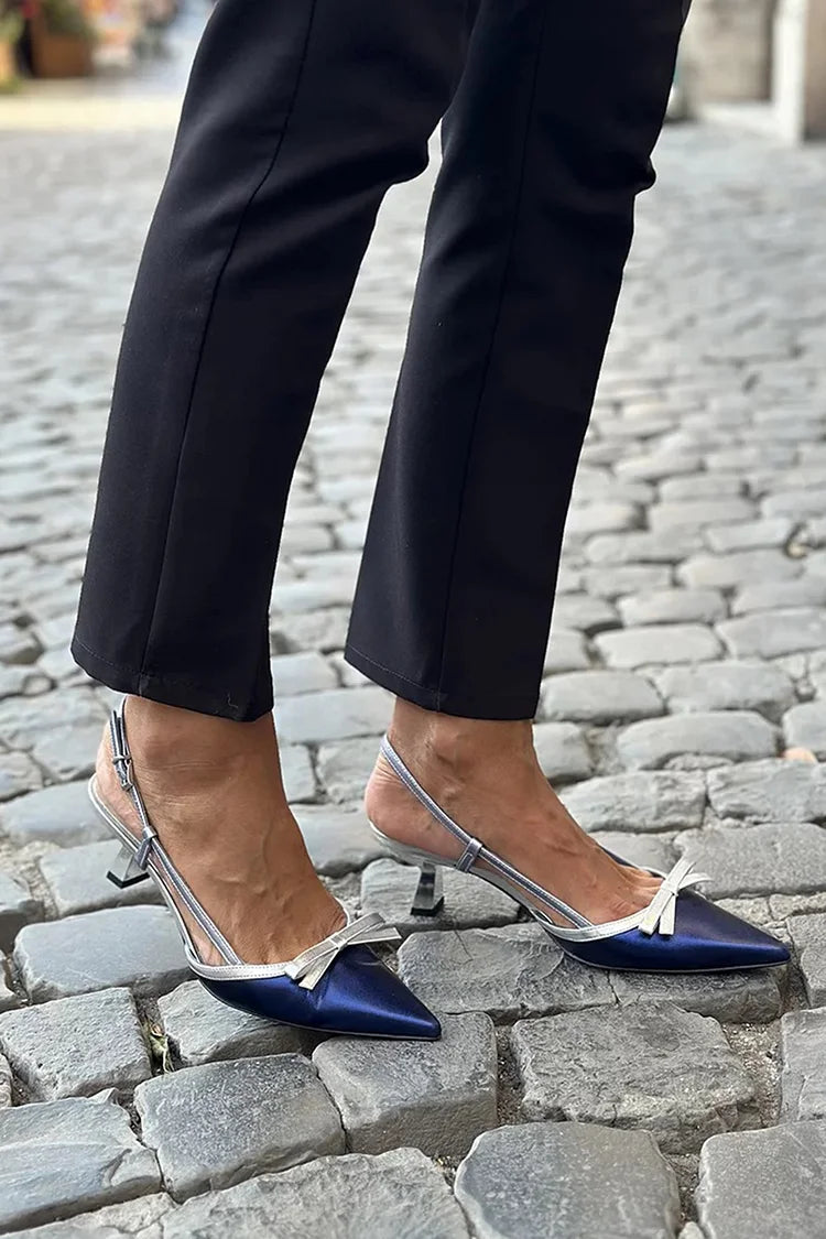 Bogen Dekor Farbblock Spitz Zehen Marineblau Kitten Heels [Vorbestellung]