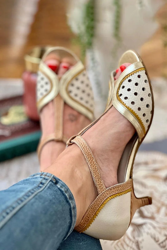 Scarpe con tacco basso beige con cinturino a T e fibbia color block Hollow Out [Pre-ordine]