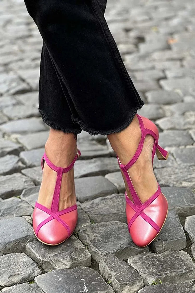 Scarpe con tacco a spillo rosa con cinturino a T patchwork e fibbia a punta [Pre-ordine]