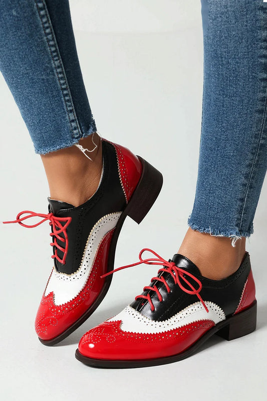 Colorblock Round Toe Low Block Heel Lace Up Brogue Oxfords