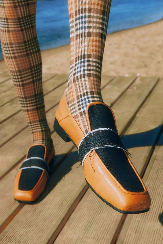 Patchwork Square Toe Low Block Heels Brown Loafers