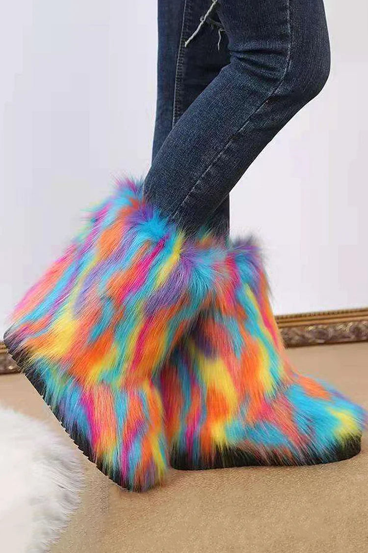 Multicolor Faux Fur Round Toe Low Platform Pull On Snow Boots