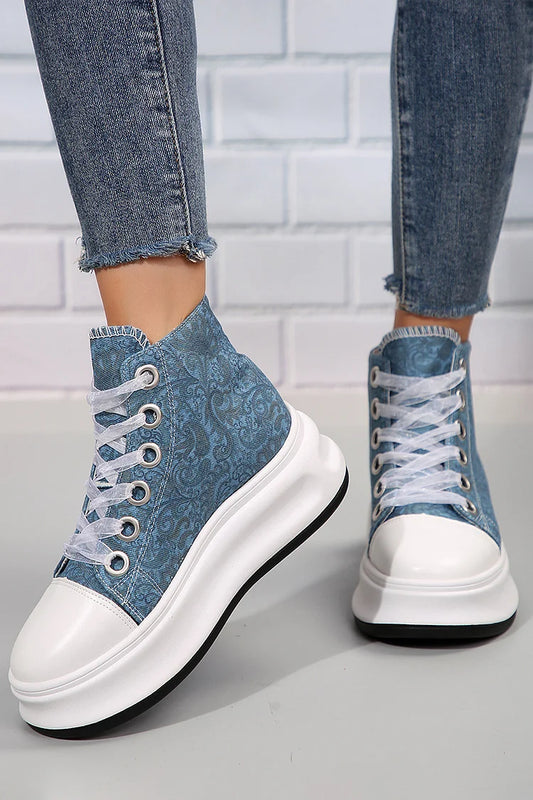 Denim Tribal Pattern Print Round Toe Lace Up High Top Sneakers