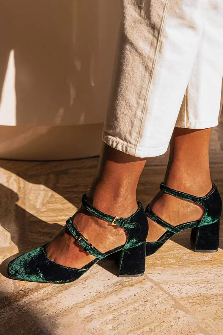 Two Straps Buckles Velvet Dark Green Chunky Heels [Pre Order]