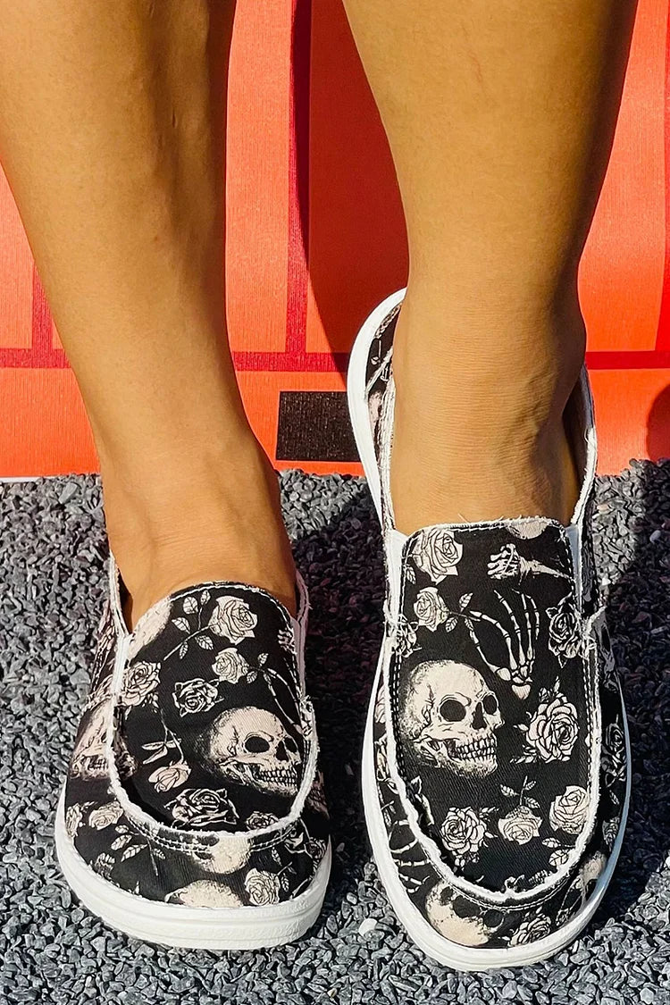 Halloween Dark Floral Skull Print Round Toe Slip On Loafers