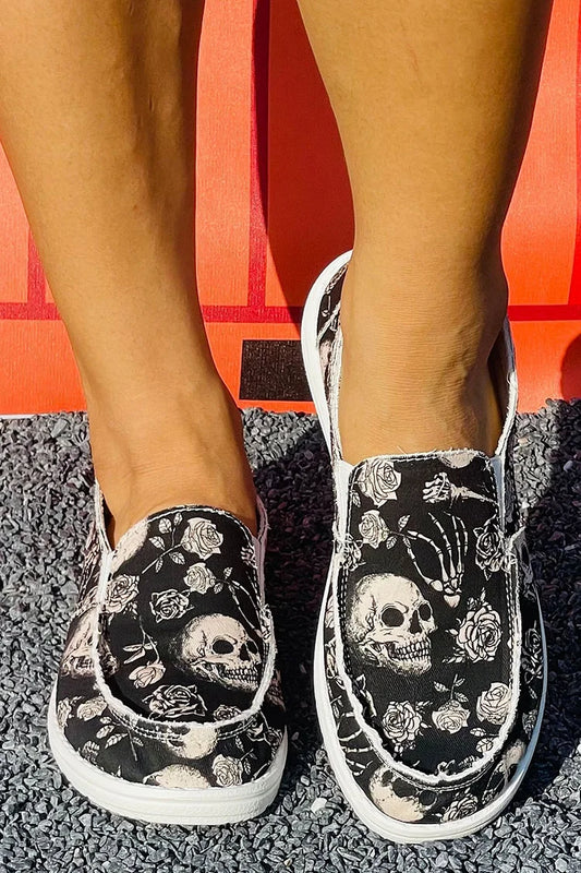 Halloween Dark Floral Skull Print Round Toe Slip On Loafers