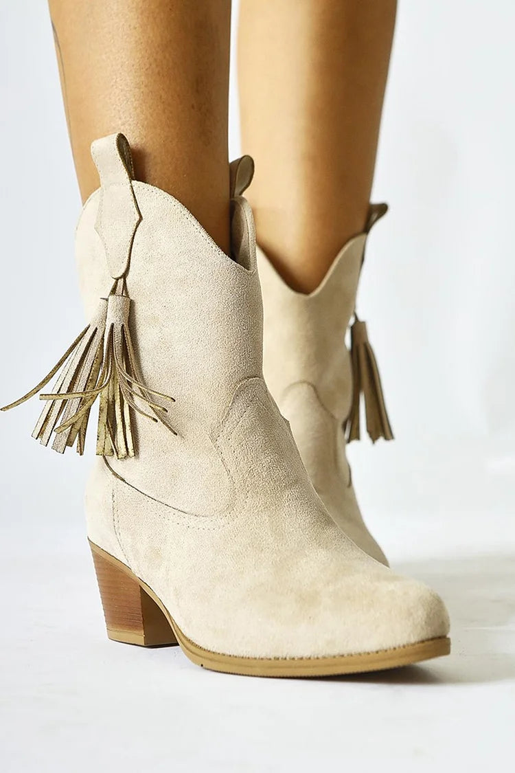 Stivaletti beige con nappe in tinta unita patchwork [Pre-ordine] 