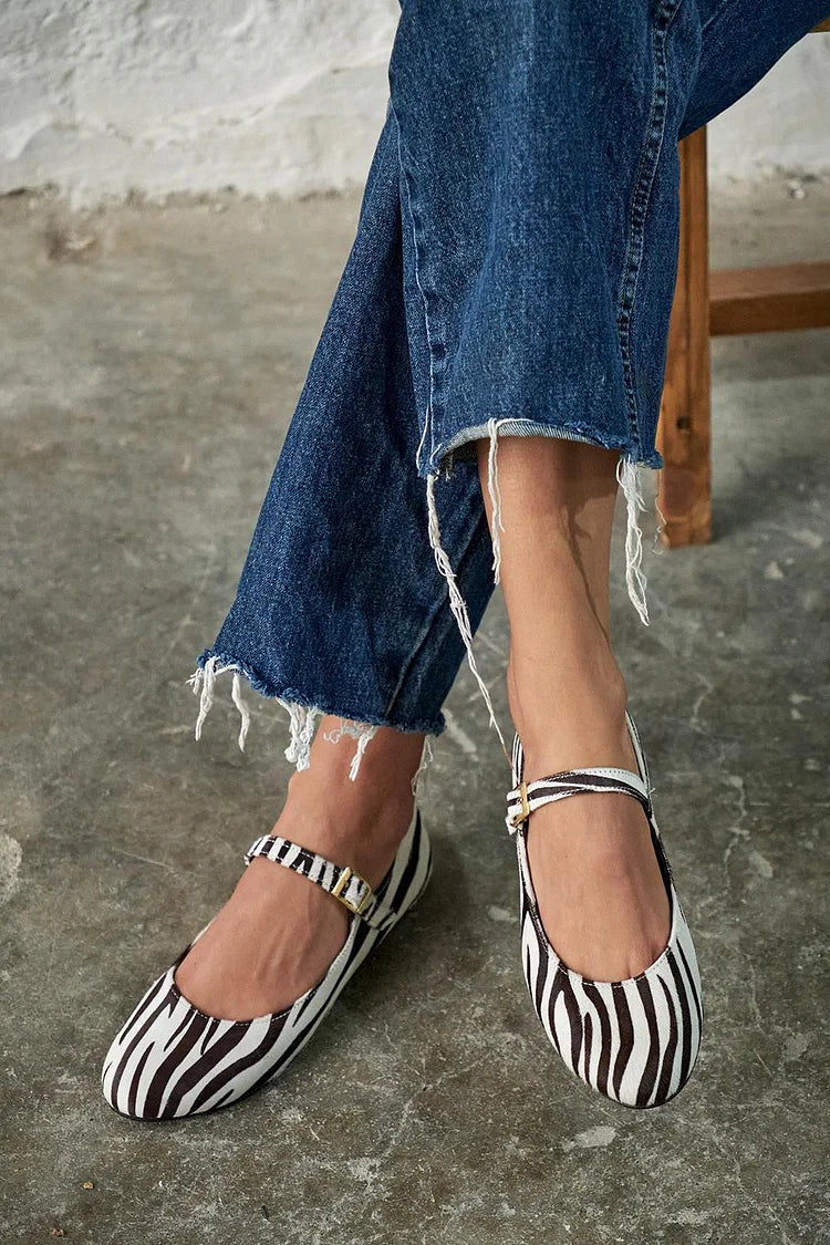 Zebra Print Instep Strap Buckle Round Toe White Flats [Pre Order]